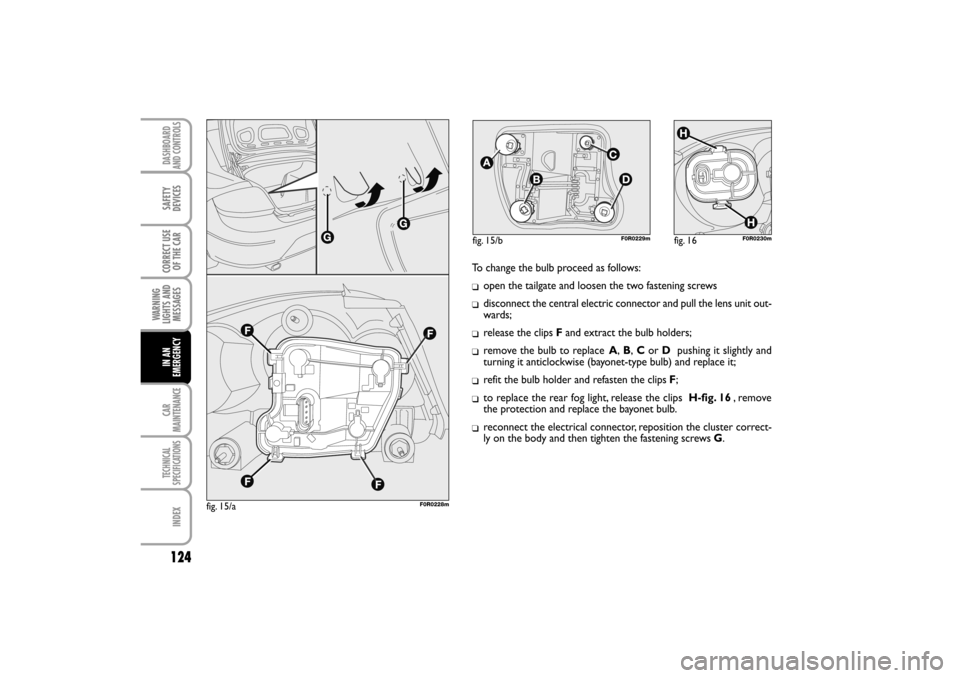 FIAT LINEA RHD 2010 1.G Owners Manual fig. 15/aF0R0228m
fig. 16F0R0230m
To change the bulb proceed as follows:

open the tailgate and loosen the two fastening screws 
disconnect the central electric connector and pull the lens unit out-