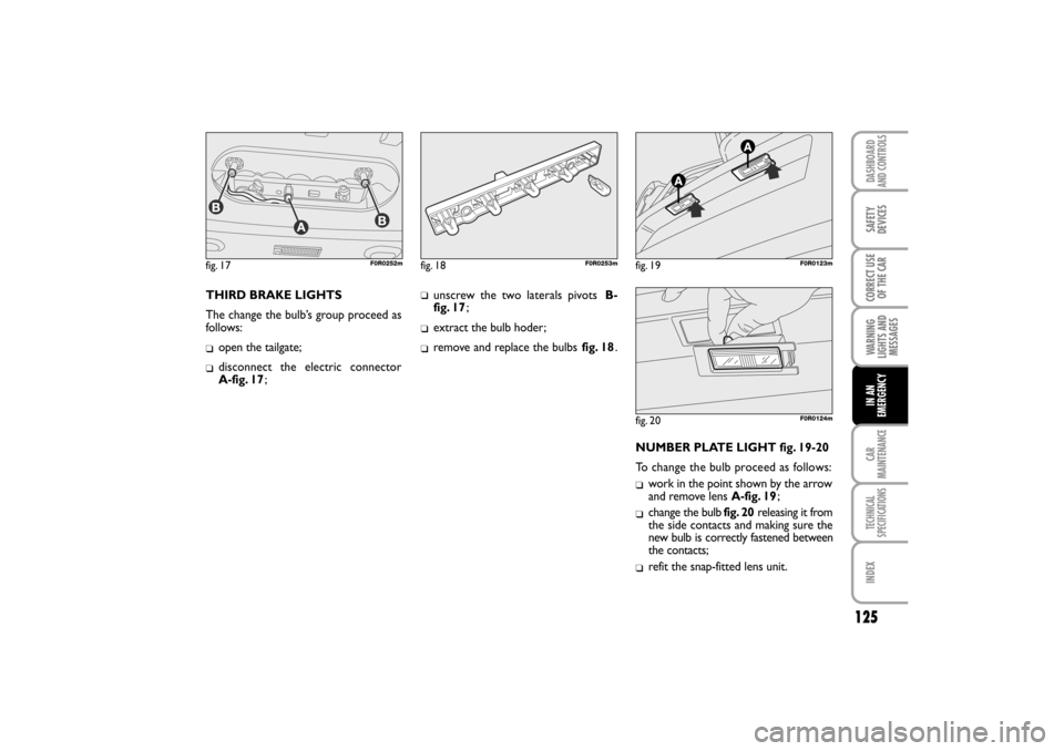 FIAT LINEA RHD 2010 1.G Owners Manual THIRD BRAKE LIGHTS  
The change the bulb’s group proceed as
follows:
open the tailgate;

disconnect the electric connector 
A-fig. 17;unscrew the two laterals pivots B-
fig. 17;
extract the bulb