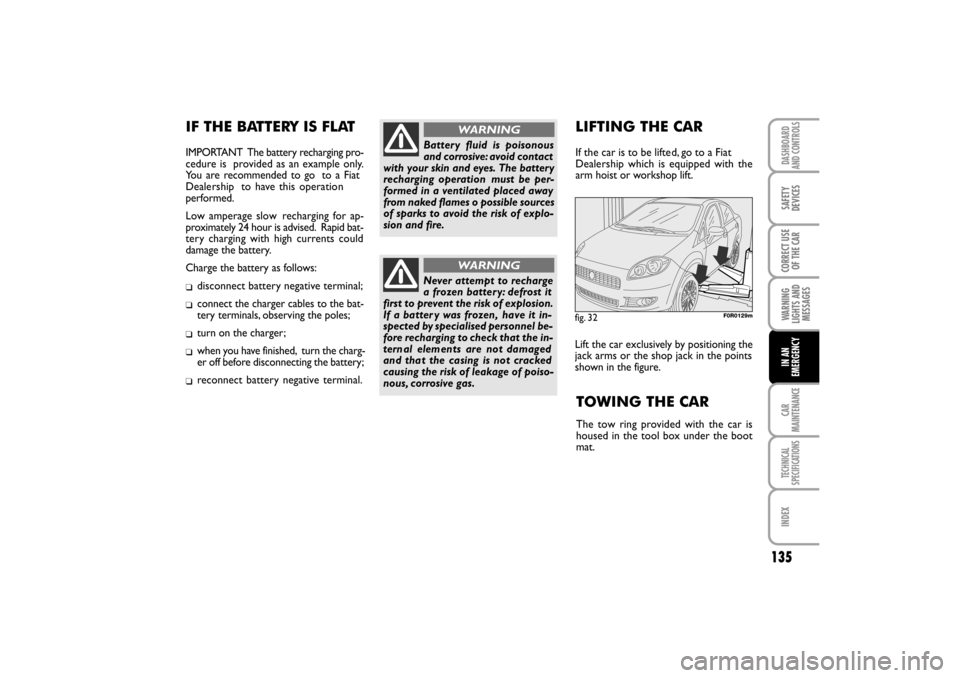 FIAT LINEA RHD 2010 1.G Owners Manual IF THE BATTERY IS FLAT
IMPORTANT   The battery recharging pro-
cedure is  provided as an example only.
You are recommended to go  to a Fiat
Dealership  to have this operation
performed.
Low amperage s