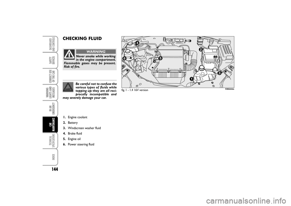 FIAT LINEA RHD 2010 1.G Owners Manual CHECKING FLUID 
fig. 1 - 1.4 16V version 
Never smoke while working
in the engine compartment.
Flammable gases may be present.
Risk of fire.
WARNING
Be careful not to confuse the
various types of flui