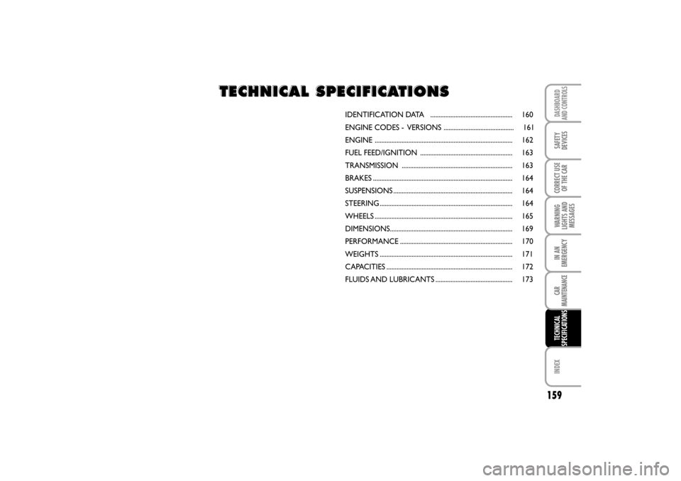 FIAT LINEA RHD 2010 1.G Owners Manual IDENTIFICATION DATA  ................................................. 160
ENGINE CODES -  VERSIONS .......................................... 161
ENGINE ..............................................
