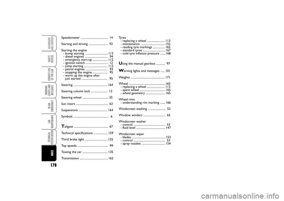 FIAT LINEA RHD 2010 1.G Owners Manual 178
CORRECT USE 
OF THE CAR
AND CONTROLS
DEVICES WARNING
LIGHTS AND
MESSAGES IN AN
EMERGENCY
CAR
MAINTENANCE
TECHNICAL
SPECIFICATIONS
INDEX
DASHBOARD
SAFETY
Speedometer ...............................