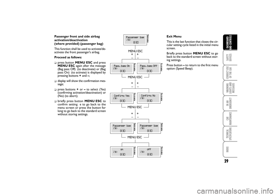 FIAT LINEA RHD 2010 1.G Owners Manual 29
Passenger front and side airbag 
activation/deactivation 
(where provided) (passenger bag)
This function shall be used to activate/de-
activate the front passenger’s airbag.
Proceed as follows:
p