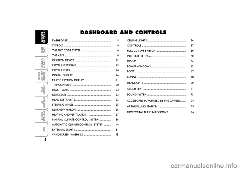 FIAT LINEA RHD 2010 1.G Owners Manual 4
SAFETY
DEVICES
CORRECT USE
OF THE 
CAR
WARNING
LIGHTS AND
MESSAGES
IN AN
EMERGENCY
CAR
MAINTENANCE
TECHNICAL
SPECIFICATIONS
INDEX
DASHBOARD
AND CONTROLSDASHBOARD ....................................