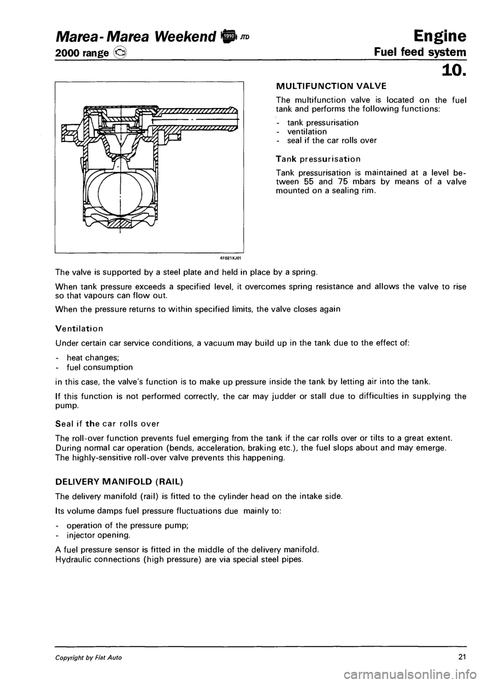 FIAT MAREA 2000 1.G Workshop Manual Marea- Marea Weekend <§l ™ 
2000 range © 
Engine 
Fuel feed system 
TZZZZZZZZZZZZZZZZZZb 
TZZZZZZZZZZZZZZ* 
10. 
MULTIFUNCTION VALVE 
The multifunction valve is located on the fuel 
tank and perfo