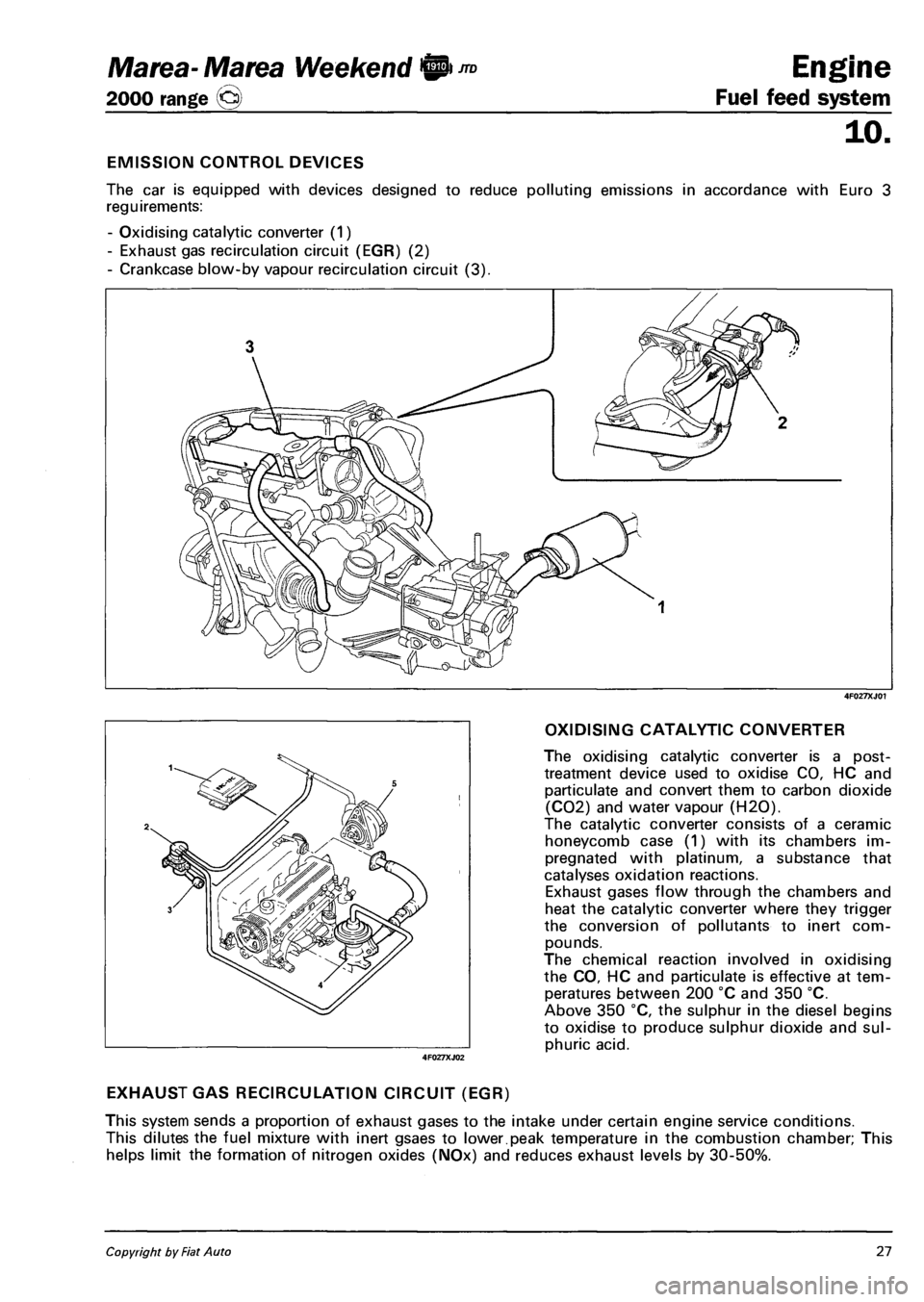 FIAT MAREA 2000 1.G Workshop Manual Marea- Marea Weekend 0 *° Engine 
2000 range @ Fuel feed system 
10. 
EMISSION CONTROL DEVICES 
The car is equipped with devices designed to reduce polluting emissions in accordance with Euro 3 
regu