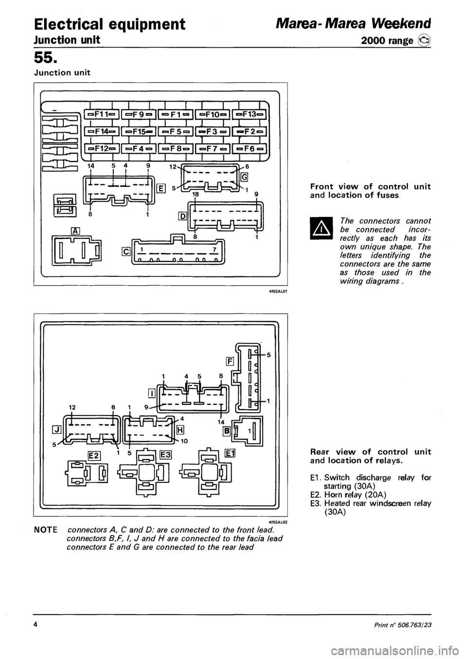 FIAT MAREA 2001 1.G Workshop Manual Electrical equipment
Junction unit
Marea-Marea Weekend
2000 range ©
55.
Junction unit
»F11=
~T~ II l;
•F9° |["^FT^1| °F10°ir°F13=
| ^14=- ir=F15«=- II
»F12=
SLHHItHia r i i i • FIAT MAREA 2001 1.G Workshop Manual Electrical equipment
Junction unit
Marea-Marea Weekend
2000 range ©
55.
Junction unit
»F11=
~T~ II l;
•F9° |["^FT^1| °F10°ir°F13=
| ^14=- ir=F15«=- II
»F12=
SLHHItHia r i i i •