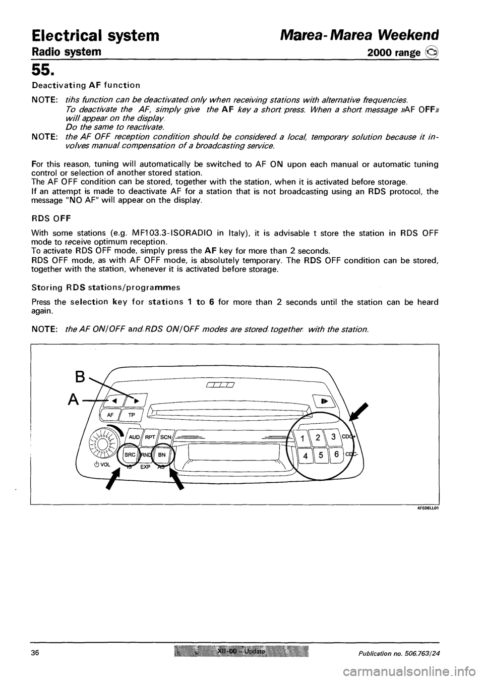 FIAT MAREA 2001 1.G Owners Manual Electrical system
Radio system
Marea- Marea Weekend
2000 range ©
55.
Deactivating AF function
NOTE: tihs function can be deactivated only when receiving stations with alternative frequencies.
FIAT MAREA 2001 1.G Owners Manual Electrical system
Radio system
Marea- Marea Weekend
2000 range ©
55.
Deactivating AF function
NOTE: tihs function can be deactivated only when receiving stations with alternative frequencies.