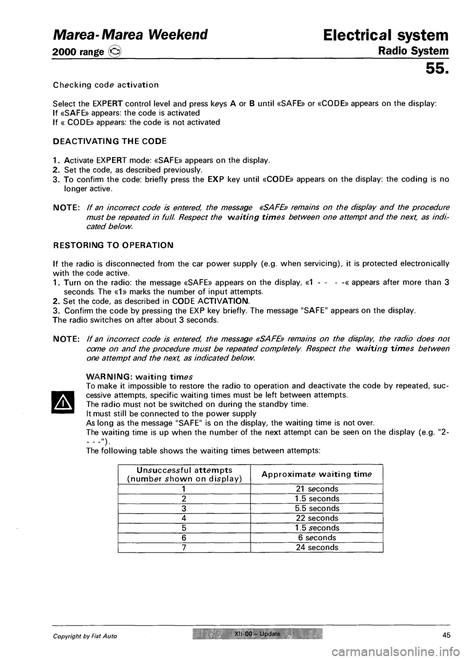 FIAT MAREA 2000 1.G Owners Guide Marea-Marea Weekend Electrical system
2000 range @ Radio System
55.
Checking code activation
Select the EXPERT control level and press keys A or B until «SAFE» or «C0DE» appears on the display FIAT MAREA 2000 1.G Owners Guide Marea-Marea Weekend Electrical system
2000 range @ Radio System
55.
Checking code activation
Select the EXPERT control level and press keys A or B until «SAFE» or «C0DE» appears on the display