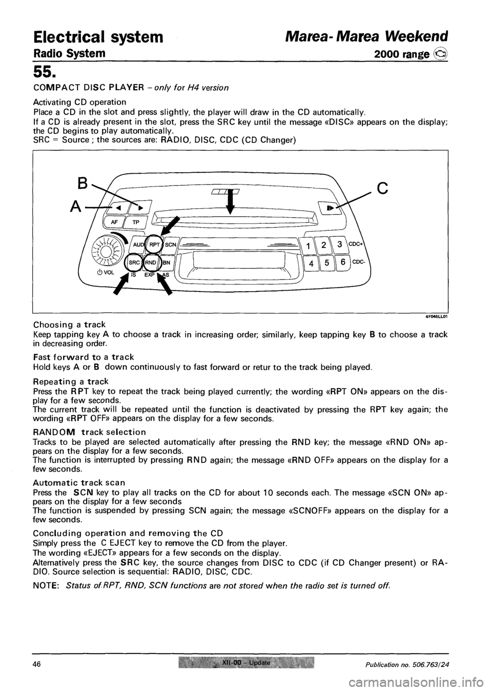 FIAT MAREA 2001 1.G Owners Guide Electrical system Marea-Marea Weekend
Radio System 2000 range @
55.
COMPACT DISC PLAYER - only for H4 version
Activating CD operation
Place a CD in the slot and press slightly, the player will dr FIAT MAREA 2001 1.G Owners Guide Electrical system Marea-Marea Weekend
Radio System 2000 range @
55.
COMPACT DISC PLAYER - only for H4 version
Activating CD operation
Place a CD in the slot and press slightly, the player will dr