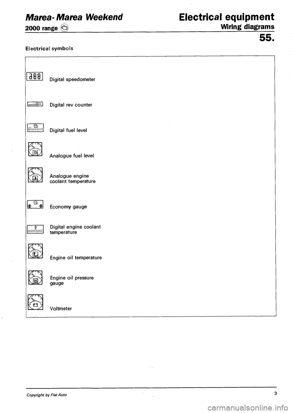 FIAT MAREA 2000 1.G Workshop Manual Marea- Marea Weekend 
2000 range © 
Electrical equipment 
Wiring diagrams 
Electrical symbols 
55. 
388 
_ a IIIIIIIIIIMI 
<M> 
Eb * ® 
minium 
Ev3 
<M2 
Digital speedometer 
Digital rev counter 
