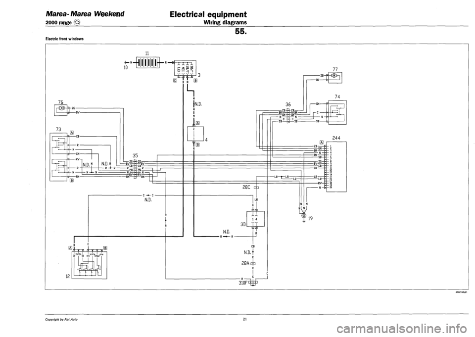 FIAT MAREA 2001 1.G Workshop Manual Marea-Marea Weekend
2000 range ©
Electrical equipment
Wiring diagrams
55.
ELECTRIC FRONT WINDOWS
11
If—N-
10 H|l|l|l|l|lh-1
76
H®M--ZG-
-BV-
73
d CN-
-CB-
R -
-RV-,
- R N,D^j_ N.D, R â FIAT MAREA 2001 1.G Workshop Manual Marea-Marea Weekend
2000 range ©
Electrical equipment
Wiring diagrams
55.
ELECTRIC FRONT WINDOWS
11
If—N-
10 H|l|l|l|l|lh-1
76
H®M--ZG-
-BV-
73
d CN-
-CB-
R -
-RV-,
- R N,D^j_ N.D, R â