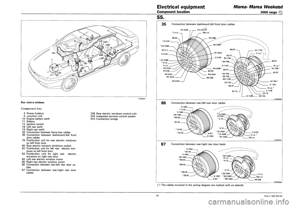 FIAT MAREA 2001 1.G User Guide Electrical equipment
Component location
Marea-Marea Weekend
2000 range ®
REAR ELECTRIC WINDOWS
Component key
3 Power fusebox
4 Junction unit:
10 Engine battery earth
11 Battery
12 Ignition FIAT MAREA 2001 1.G User Guide Electrical equipment
Component location
Marea-Marea Weekend
2000 range ®
REAR ELECTRIC WINDOWS
Component key
3 Power fusebox
4 Junction unit:
10 Engine battery earth
11 Battery
12 Ignition