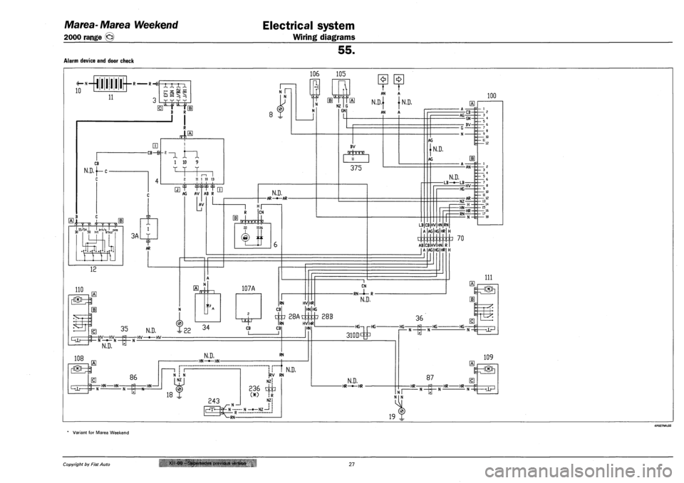 FIAT MAREA 2001 1.G Service Manual Marea-Marea Weekend 
2000 range O 
Electrical system 
Wiring diagrams 
55. 
ALARM DEVICE AND DOOR CHECK 
•h—^—H1111IH—R—Ri 
10 
106 105 
11 
xxxx ._, OJ «-< , 1 z QQ n 
TO 2 ? ^ 
LTJ 
-CB�