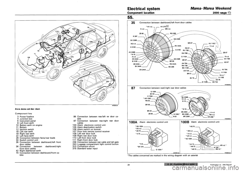 FIAT MAREA 2001 1.G User Guide Electrical system
Component location
Marea-Marea Weekend
2000 range ©
ALARM DEVICE AND DOOR CHECK
Component key
3 Power fusebox
4 Junction box
6 Instrument panel
8 Left front earth
10 Batte FIAT MAREA 2001 1.G User Guide Electrical system
Component location
Marea-Marea Weekend
2000 range ©
ALARM DEVICE AND DOOR CHECK
Component key
3 Power fusebox
4 Junction box
6 Instrument panel
8 Left front earth
10 Batte