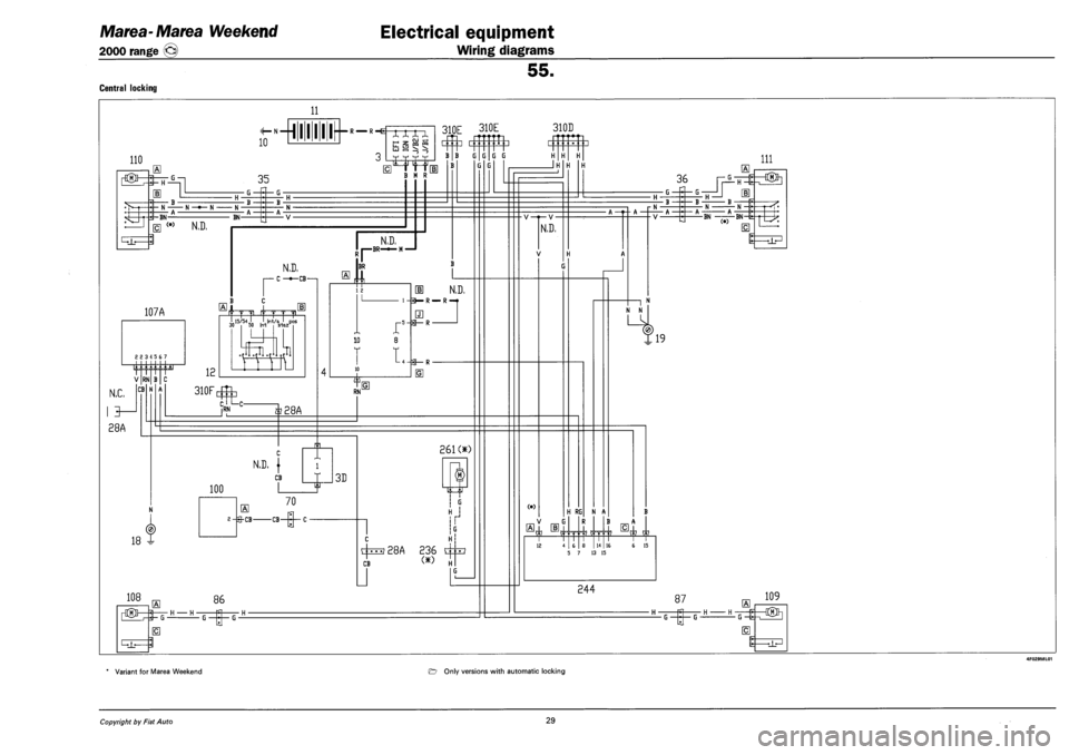 FIAT MAREA 2000 1.G Service Manual Marea-Marea Weekend 
2000 range © 
Electrical equipment 
Wiring diagrams 
55. 
CENTRAL LOCKING 
11 
110 
X X X X .-. S- W ^ 
35 
it. ^jj Lj^ |r 
B M R 
310 
m 
N —— N —•— N N —— 
-BN B