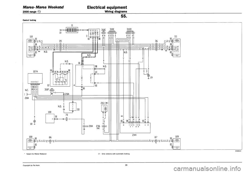FIAT MAREA 2000 1.G Workshop Manual Marea-Marea Weekend
2000 range ©
Electrical equipment
Wiring diagrams
55.
CENTRAL LOCKING
11
110
X X X X .-. S- W ^
35
it. ^jj Lj^ |r
B M R
310
m
N —— N —•— N N ——
-BN B FIAT MAREA 2000 1.G Workshop Manual Marea-Marea Weekend
2000 range ©
Electrical equipment
Wiring diagrams
55.
CENTRAL LOCKING
11
110
X X X X .-. S- W ^
35
it. ^jj Lj^ |r
B M R
310
m
N —— N —•— N N ——
-BN B