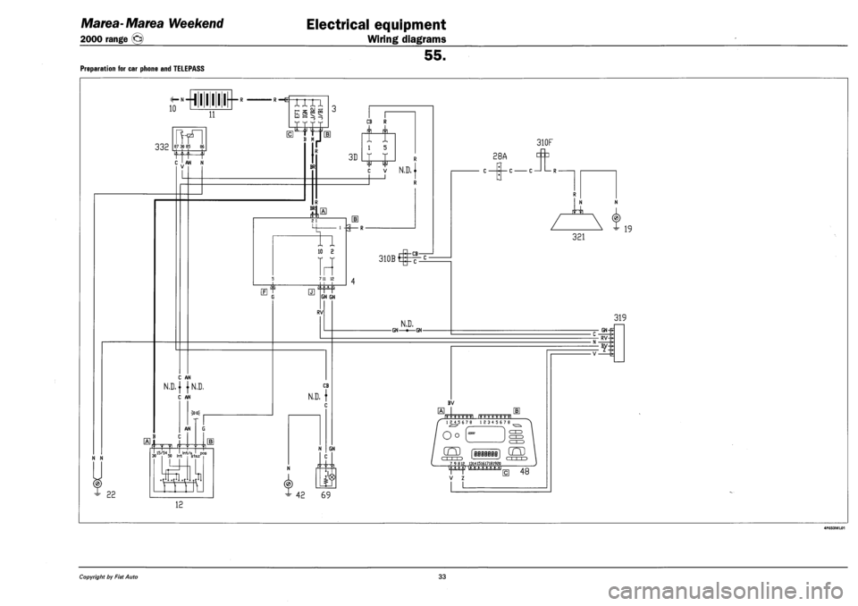 FIAT MAREA 2000 1.G Workshop Manual Marea-Marea Weekend 
2000 range © 
Electrical equipment 
Wiring diagrams 
55. 
PREPARATION FOR CAR PHONE AND TELEPASS 
N N 
X 22 
10 hHIIIII-•R—E 
11 
332 87 30 85 86 
C ^AN N 
C AN 
N,D,( }N.D. 