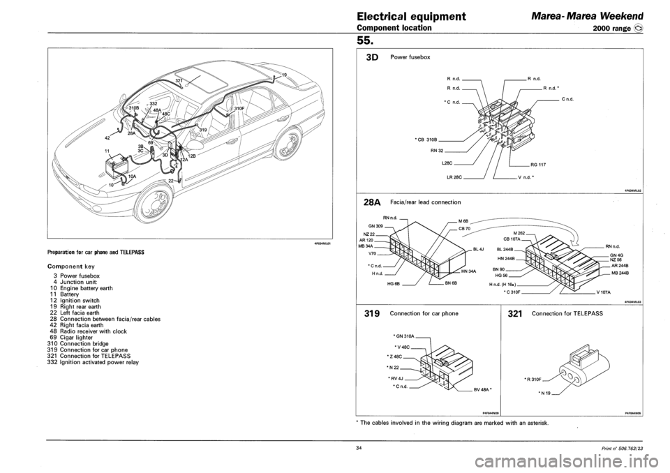 FIAT MAREA 2001 1.G User Guide Electrical equipment
Component location
Marea- Marea Weekend
2000 range ©
PREPARATION FOR CAR PHONE AND TELEPASS
Component key
3 Power fusebox
4 Junction unit:
10 Engine battery earth
11 Bat FIAT MAREA 2001 1.G User Guide Electrical equipment
Component location
Marea- Marea Weekend
2000 range ©
PREPARATION FOR CAR PHONE AND TELEPASS
Component key
3 Power fusebox
4 Junction unit:
10 Engine battery earth
11 Bat