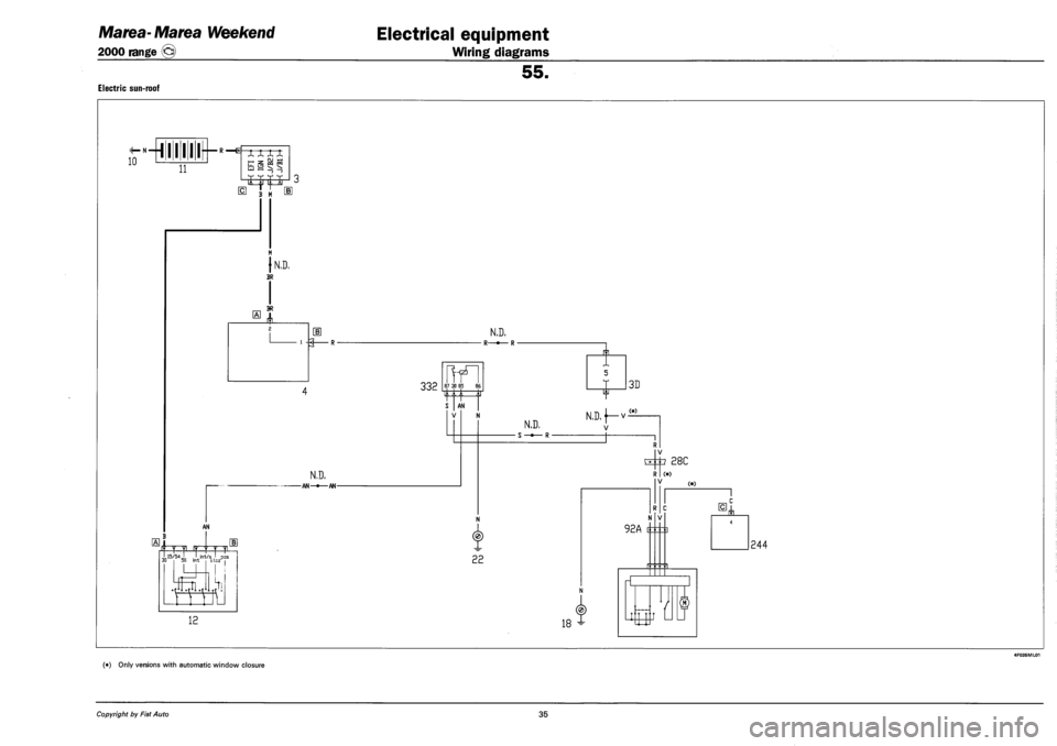 FIAT MAREA 2000 1.G Service Manual Marea-Marea Weekend
2000 range ©
Electrical equipment
Wiring diagrams
55.
ELECTRIC SUN-ROOF
r-Hiini
10 L
•R—E
11
XX XX „ _. W -J
it ^ ^ t
N.D,
AN—•—AN-
332
(•) Only versio FIAT MAREA 2000 1.G Service Manual Marea-Marea Weekend
2000 range ©
Electrical equipment
Wiring diagrams
55.
ELECTRIC SUN-ROOF
r-Hiini
10 L
•R—E
11
XX XX „ _. W -J
it ^ ^ t
N.D,
AN—•—AN-
332
(•) Only versio