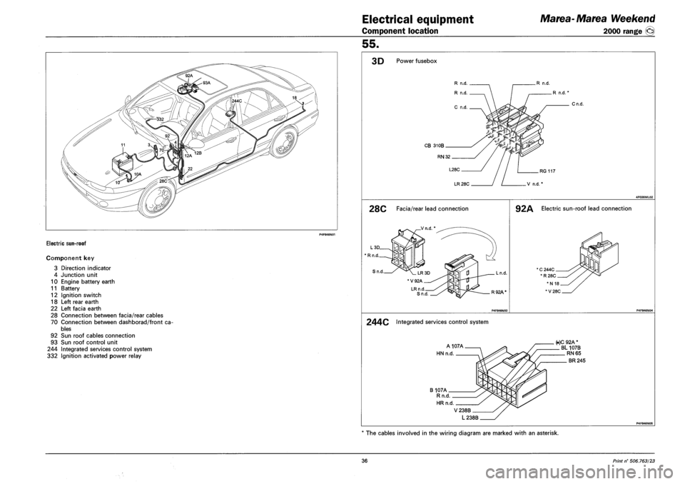 FIAT MAREA 2001 1.G User Guide Electrical equipment
Component location
Marea-Marea Weekend
2000 range ©
ELECTRIC SUN-ROOF
Component key
3 Direction indicator
4 Junction unit
10 Engine battery earth
11 Battery
12 Ignition FIAT MAREA 2001 1.G User Guide Electrical equipment
Component location
Marea-Marea Weekend
2000 range ©
ELECTRIC SUN-ROOF
Component key
3 Direction indicator
4 Junction unit
10 Engine battery earth
11 Battery
12 Ignition