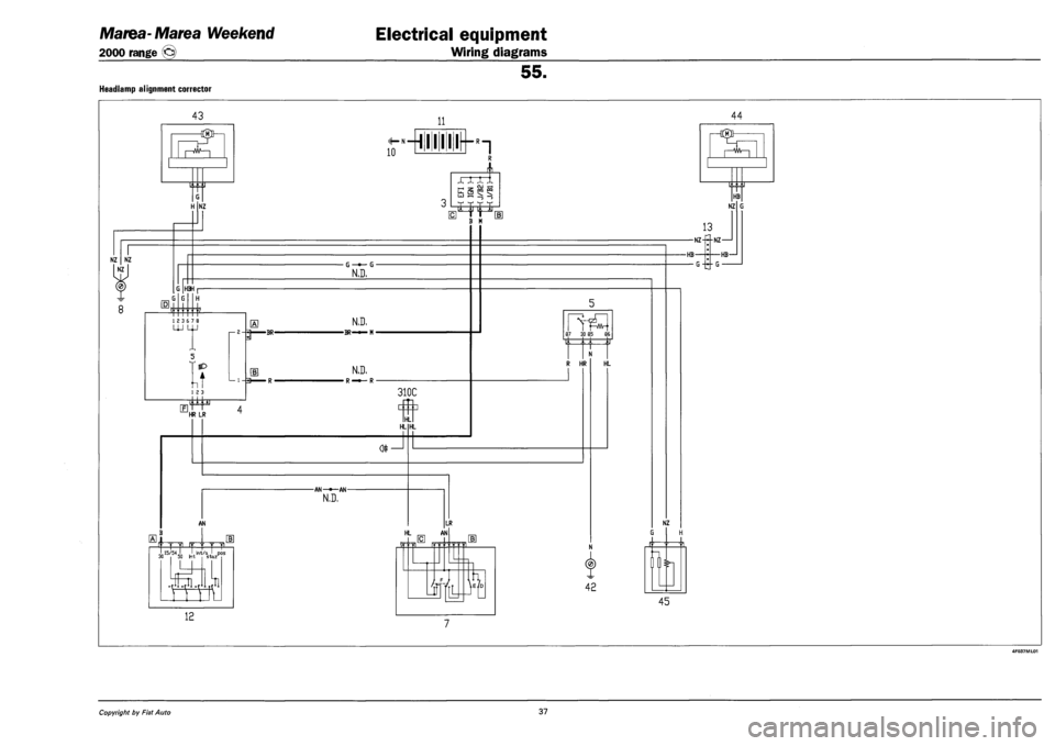 FIAT MAREA 2000 1.G Repair Manual Marea-Marea Weekend 
2000 range © 
Electrical equipment 
Wiring diagrams 
HEADLAMP ALIGNMENT CORRECTOR 
55. 
NZ NZ 
I NZ I 
8 
43 
G 
H NZ 
G |HBH r 
D3L 
1 2 3 
IB l.|.i..|.,4J 
HR LR 
BR-
11 
M _ w