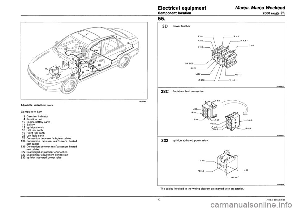 FIAT MAREA 2001 1.G Owners Manual Electrical equipment 
Component location 
Marea- Marea Weekend 
2000 range © 
55. 
ADJUSTABLE, HEATED FRONT SEATS 
Component key 
3 Direction indicator 
4 Junction unit 
10 Engine battery earth 
11 B