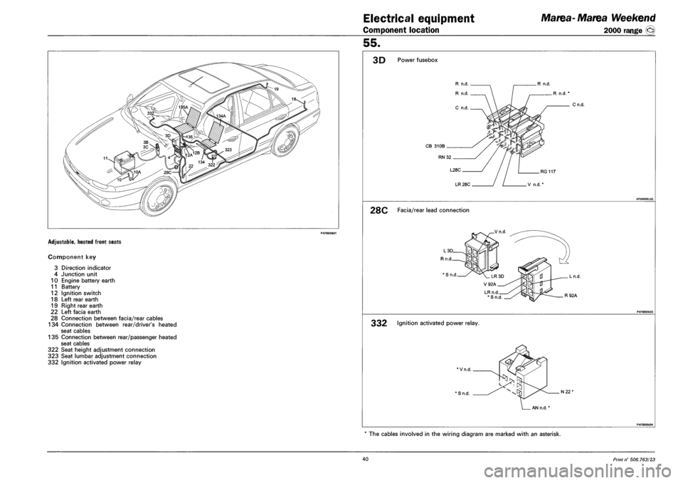 FIAT MAREA 2001 1.G Workshop Manual Electrical equipment
Component location
Marea- Marea Weekend
2000 range ©
55.
ADJUSTABLE, HEATED FRONT SEATS
Component key
3 Direction indicator
4 Junction unit
10 Engine battery earth
11 B FIAT MAREA 2001 1.G Workshop Manual Electrical equipment
Component location
Marea- Marea Weekend
2000 range ©
55.
ADJUSTABLE, HEATED FRONT SEATS
Component key
3 Direction indicator
4 Junction unit
10 Engine battery earth
11 B