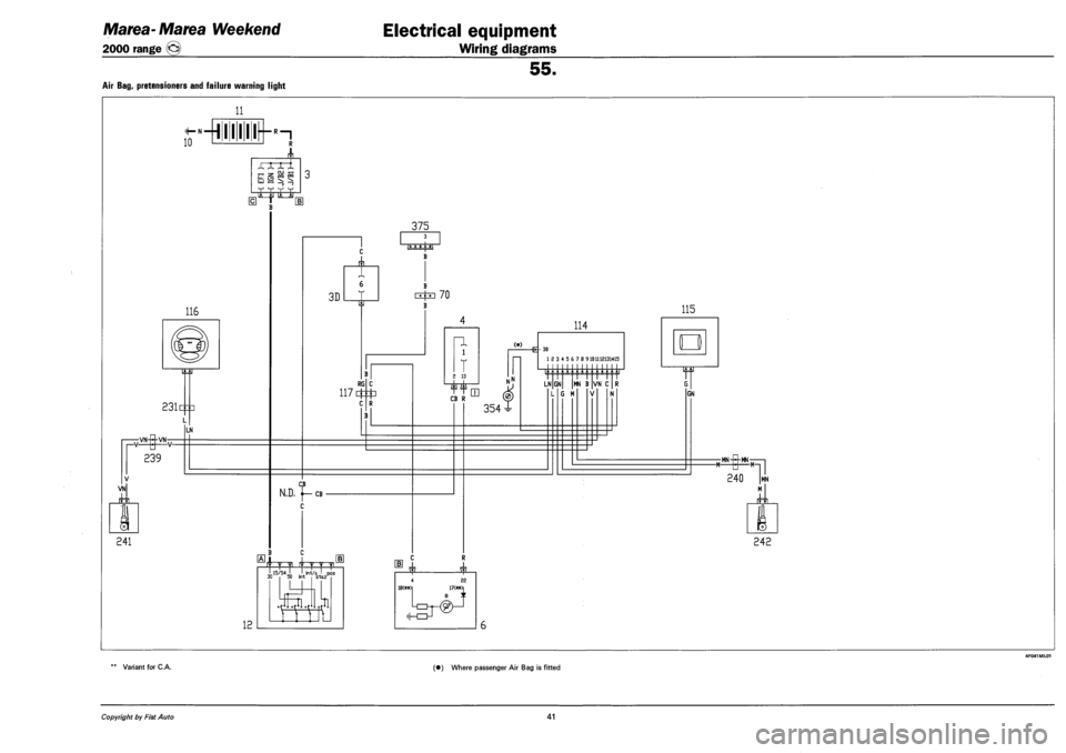 FIAT MAREA 2000 1.G Workshop Manual Marea-Marea Weekend 
2000 range © 
Electrical equipment 
Wiring diagrams 
55. 
AIR BAG, PRETENSIONERS AND FAILURE WARNING LIGHT 
11 
—H • • • • •{-— 
116 
231D:D 
239 
LN 
VN 
.it 
241 