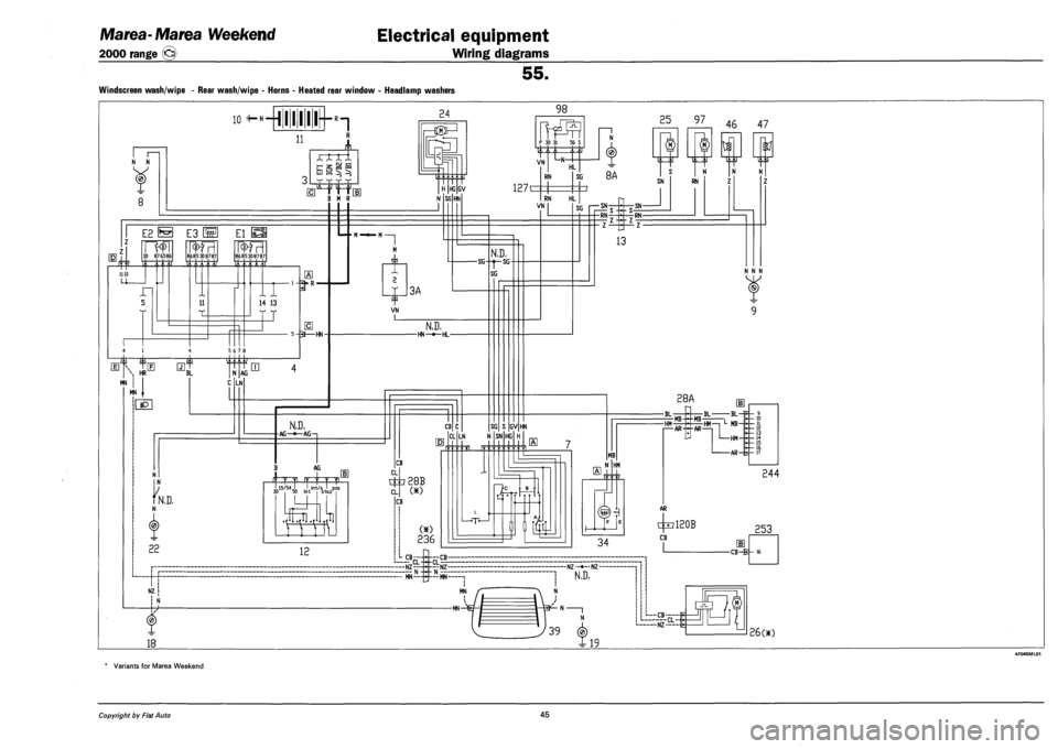 FIAT MAREA 2001 1.G Workshop Manual Marea-Marea Weekend 
2000 range © 
Electrical equipment 
Wiring diagrams 
55. 
WINDSCREEN WASH/WIPE - REAR WASH/WIPE - HORNS - HEATED REAR WINDOW - HEADLAMP WASHERS 
N N 
(0) 
io ^N4il!!!!rhi 
R 
T4 