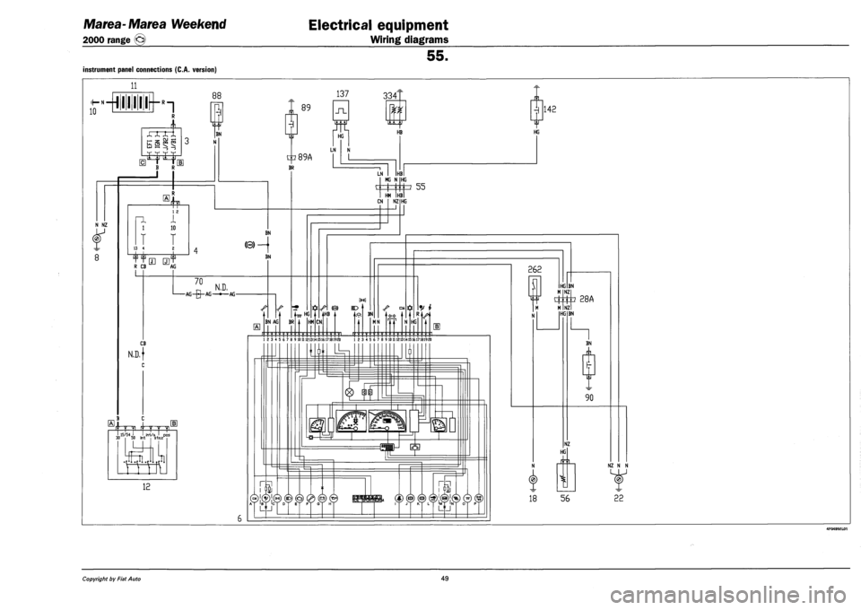 FIAT MAREA 2000 1.G Repair Manual Marea- Marea Weekend 
2000 range ©) 
Electrical equipment 
Wiring diagrams 
55. 
instrument panel connections (C.A. version) 
11 
If—N 
10 
137 334" 
89 
IT 
_n_ 
HG 
c|b89A 
BR 
LN 
HB 
LU LU 
R