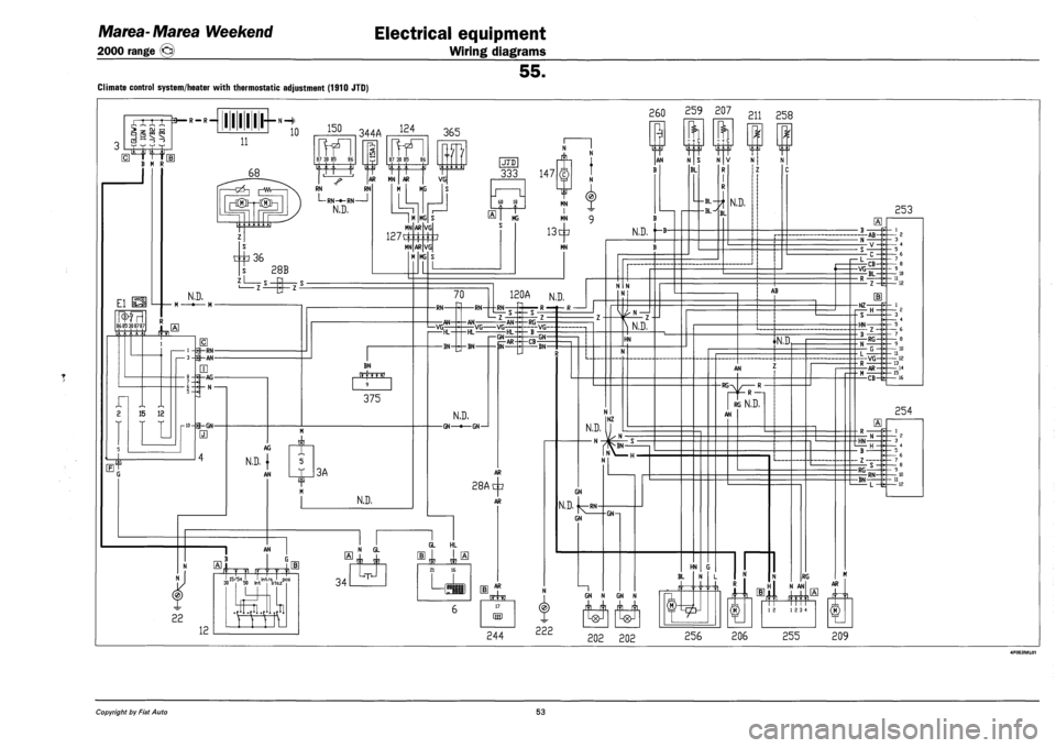 FIAT MAREA 2000 1.G Repair Manual Marea-Marea Weekend 
2000 range © 
Electrical equipment 
Wiring diagrams 
55. 
Climate control system/heater with thermostatic adjustment (1910 JTD) 
XXX X 
—J I—I _^ —£ 
3— R — R — 
B M