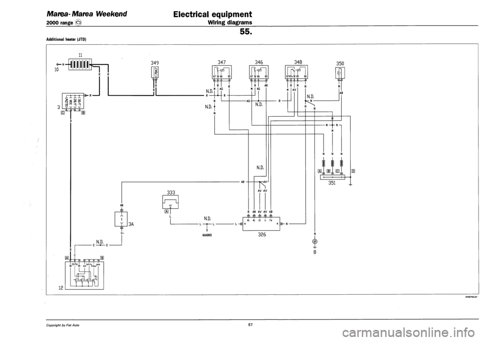 FIAT MAREA 2000 1.G Manual PDF Marea-Marea Weekend 
2000 range (6) 
Electrical equipment 
Wiring diagrams 
Additional heater (JTD) 
11 
H11111 
10 
o " -> ~> 
It. it H 
7=r 
R R 
Jl 
IS 
12 
N.D. c —•—c • 
_ 15/54 J I. Irrt