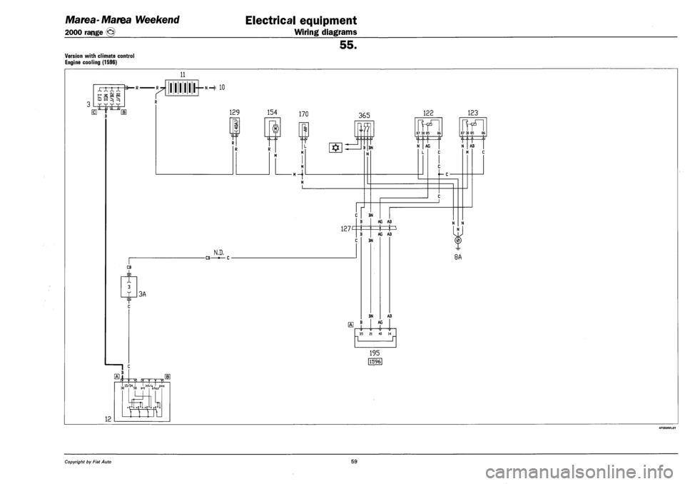 FIAT MAREA 2001 1.G Workshop Manual Marea-Marea Weekend 
2000 range © 
Electrical equipment 
Wiring diagrams 
55. 
Version with climate control 
Engine cooling (1596) 
11 
J, x xx p~R H _ iu a i ^ ee. PQ hoi?" ^ H > ^ X^j iU 
•pi HII