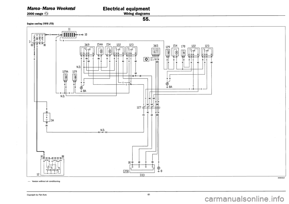 FIAT MAREA 2000 1.G Manual PDF Marea-Marea Weekend 
2000 range © 
Electrical equipment 
Wiring diagrams 
55. 
Engine cooling (1910 JTD) 
11 
XXXX * 
3 I_S 
> -, OJ ° § s? 
T. |i it TJ 
BV 
7? 
I 11 I I I—»-H  10 
R L— R �