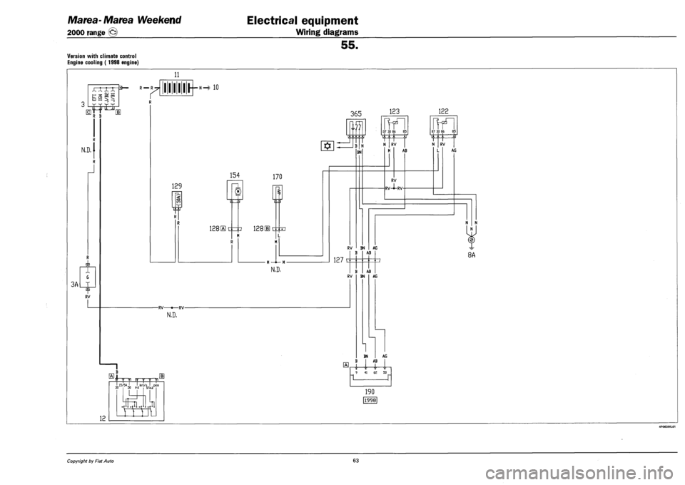 FIAT MAREA 2001 1.G Workshop Manual Marea-Marea Weekend 
2000 range © 
Electrical equipment 
Wiring diagrams 
55. 
Version with climate control 
Engine cooling ( 1998 engine) 
11 
—. -r 
J ^ if tr 
R —R 
R B 
N.D, 
J 
3A 
? 
( 
J R