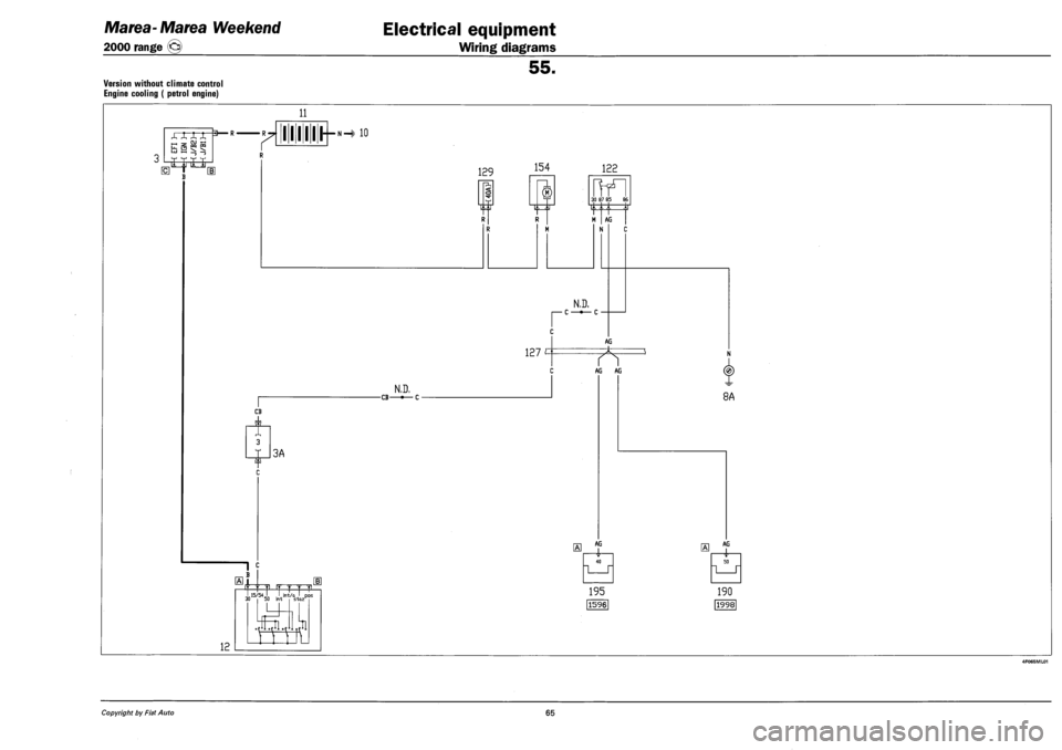 FIAT MAREA 2000 1.G Workshop Manual Marea - Marea Weekend
2000 range ©
Electrical equipment
Wiring diagrams
55.
VERSION WITHOUT CLIMATE CONTROL
ENGINE COOLING ( PETROL ENGINE)
X X X X p
rr z « S
lei
11
llllll—" —H 10
r FIAT MAREA 2000 1.G Workshop Manual Marea - Marea Weekend
2000 range ©
Electrical equipment
Wiring diagrams
55.
VERSION WITHOUT CLIMATE CONTROL
ENGINE COOLING ( PETROL ENGINE)
X X X X p
rr z « S
lei
11
llllll—" —H 10
r