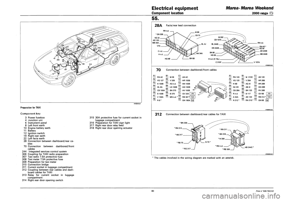 FIAT MAREA 2001 1.G Service Manual Electrical equipment 
Component location 
Marea-Marea Weekend 
2000 range © 
Preparation for TAXI 
Component key 
3 Power fusebox 
4 Junction uni: 
6 Instrument panel 
8 Left front earth 
10 Engine b