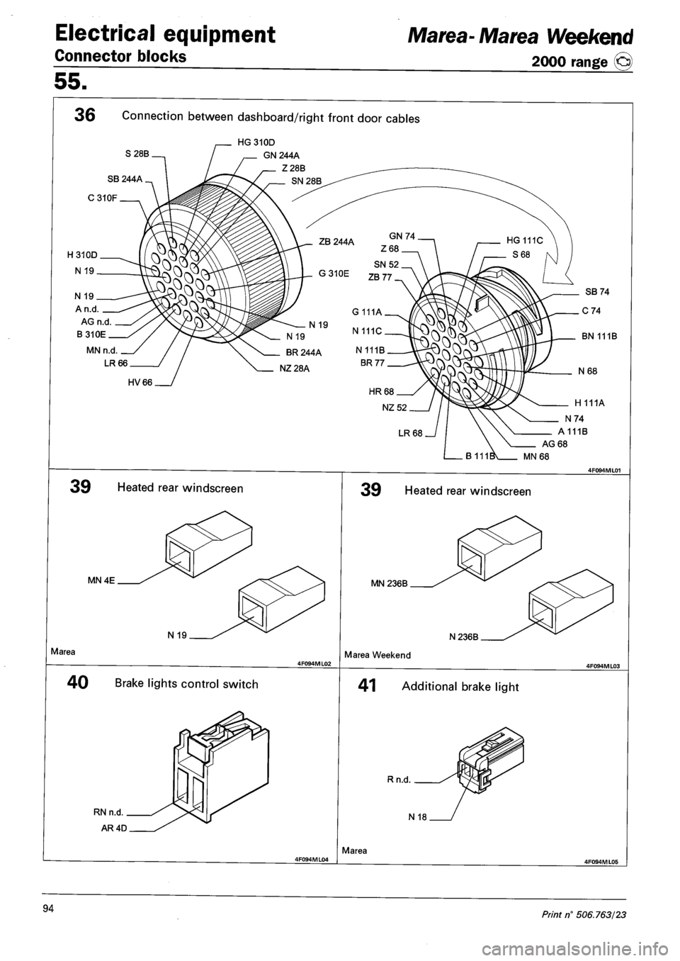 FIAT MAREA 2001 1.G Owners Manual Electrical equipment
Connector blocks
Marea- Marea Weekend
2000 range ©
55.
36 Connection between dashboard/right front door cables
S28B. HG 310D
GN 244A
Z28B
N 19
A n.d
AG n.d
B310E
MN FIAT MAREA 2001 1.G Owners Manual Electrical equipment
Connector blocks
Marea- Marea Weekend
2000 range ©
55.
36 Connection between dashboard/right front door cables
S28B. HG 310D
GN 244A
Z28B
N 19
A n.d
AG n.d
B310E
MN