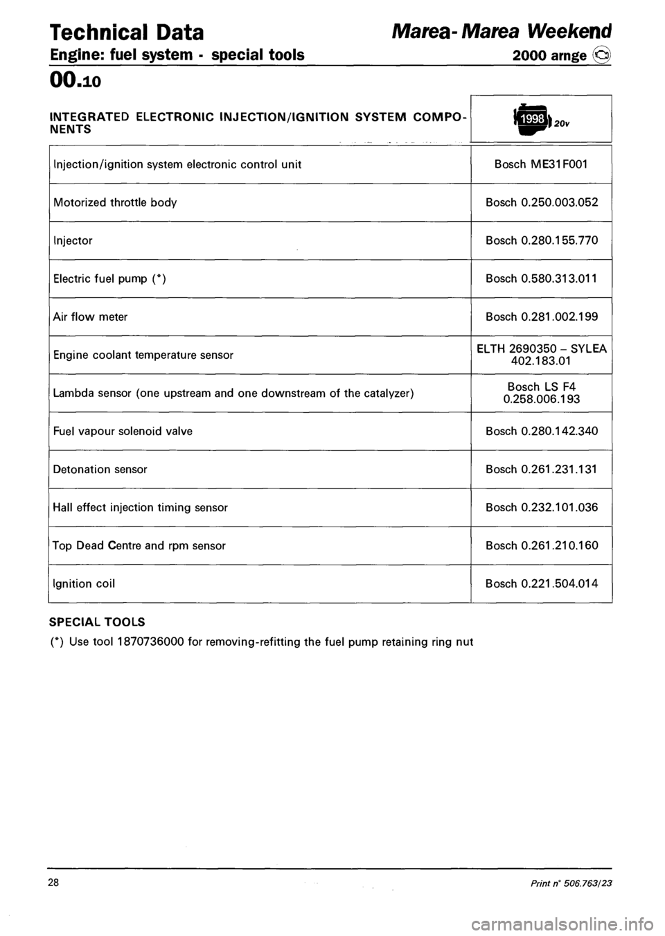 FIAT MAREA 2000 1.G Owners Manual Technical Data Marea- Marea Weekend
Engine: fuel system - special tools 2000 arnge ©)
OO.io
INTEGRATED ELECTRONIC INJECTION/IGNITION SYSTEM COMPO
NENTS
Injection/ignition system electronic cont FIAT MAREA 2000 1.G Owners Manual Technical Data Marea- Marea Weekend
Engine: fuel system - special tools 2000 arnge ©)
OO.io
INTEGRATED ELECTRONIC INJECTION/IGNITION SYSTEM COMPO
NENTS
Injection/ignition system electronic cont