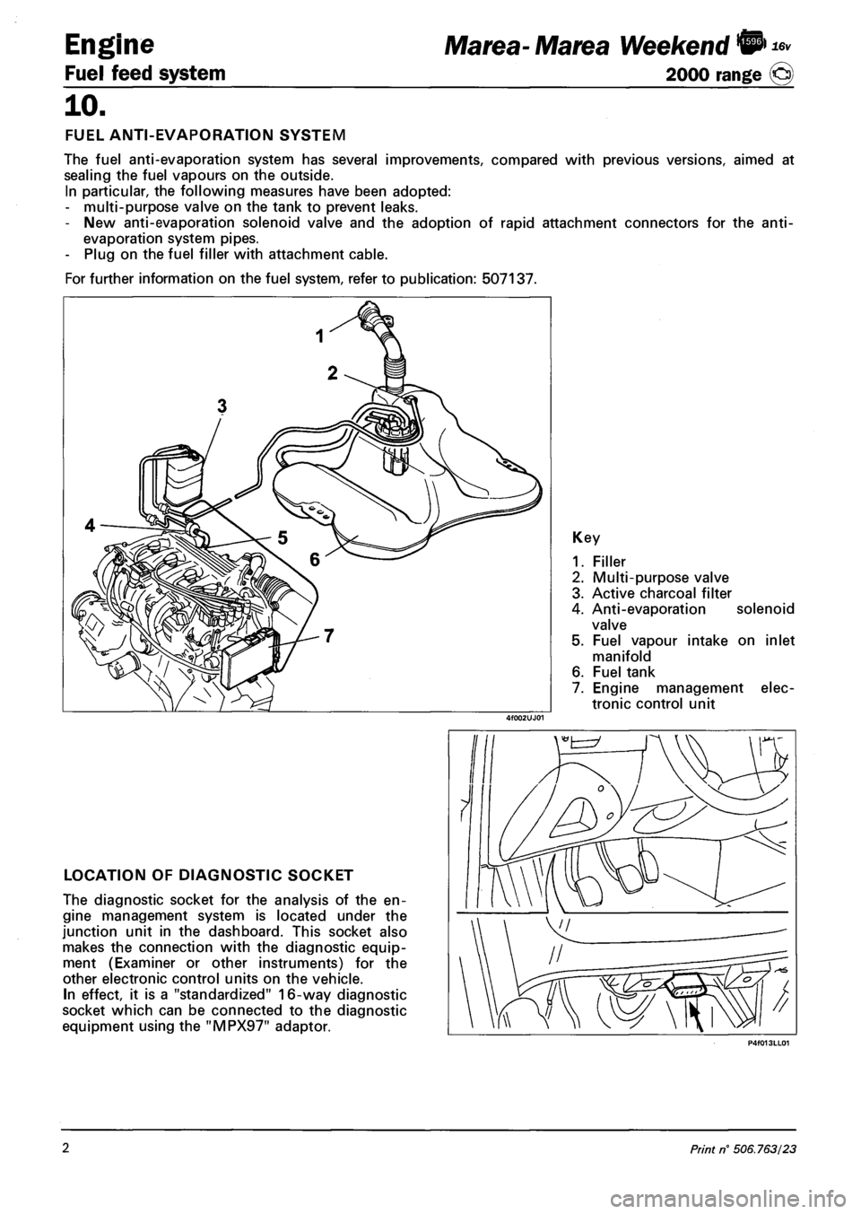 FIAT MAREA 2000 1.G Repair Manual Engine 
Fuel feed system 
Marea- Marea Weekend 
2000 range @ 
10. 
FUEL ANTI-EVAPORATION SYSTEM 
The fuel anti-evaporation system has several improvements, compared with previous versions, aimed at 
s