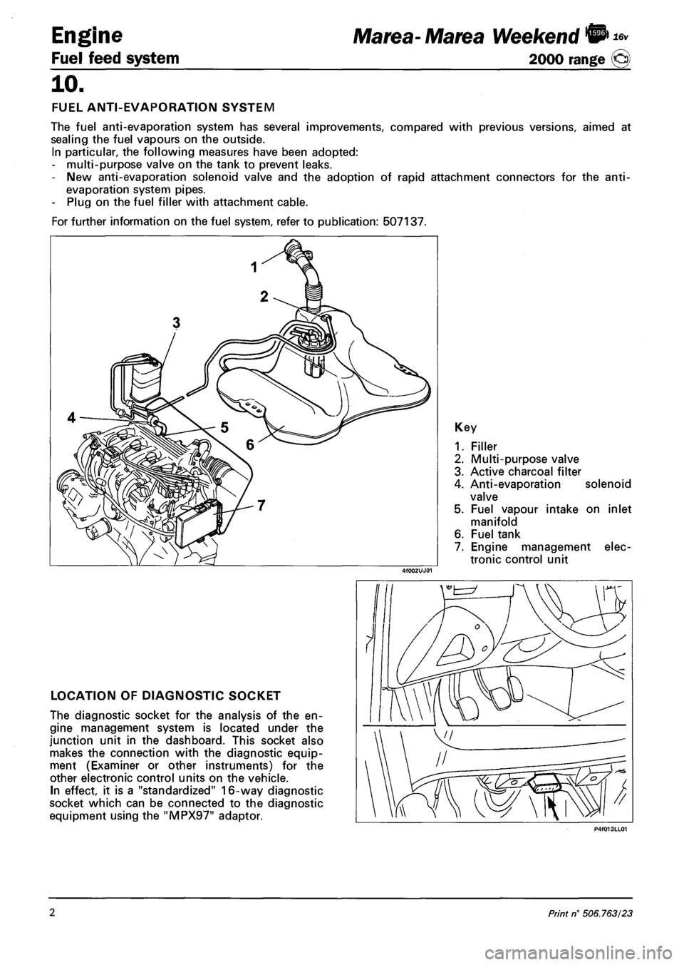 FIAT MAREA 2001 1.G Workshop Manual Engine 
Fuel feed system 
Marea- Marea Weekend 
2000 range @ 
10. 
FUEL ANTI-EVAPORATION SYSTEM 
The fuel anti-evaporation system has several improvements, compared with previous versions, aimed at 
s