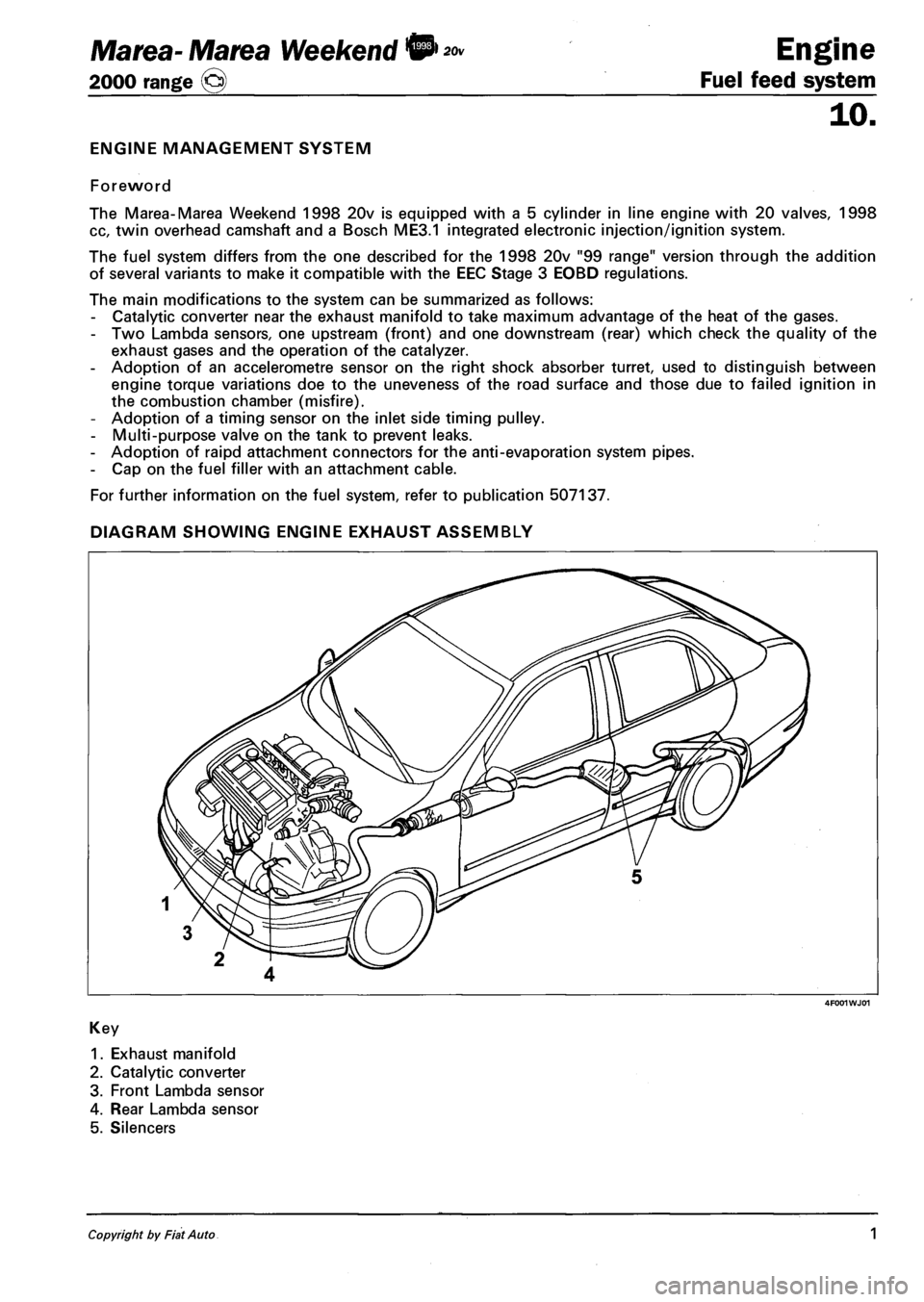 FIAT MAREA 2000 1.G Workshop Manual Marea- Marea Weekend & Engine
2000 range (§) Fuel feed system
ENGINE MANAGEMENT SYSTEM
Foreword
The Marea-Marea Weekend 1998 20v is equipped with a 5 cylinder in line engine with 20 valves, 1998 FIAT MAREA 2000 1.G Workshop Manual Marea- Marea Weekend & Engine
2000 range (§) Fuel feed system
ENGINE MANAGEMENT SYSTEM
Foreword
The Marea-Marea Weekend 1998 20v is equipped with a 5 cylinder in line engine with 20 valves, 1998