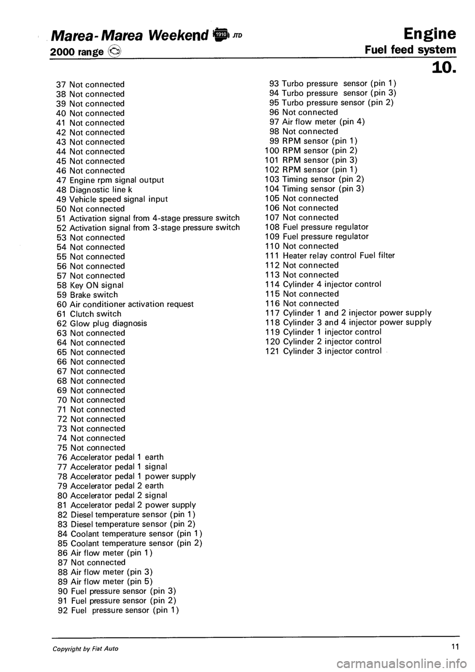 FIAT MAREA 2000 1.G Workshop Manual Ma tea- Ma tea Weekend !@ ™ 
2000 range © 
Engine 
Fuel feed system 
10. 
37 Not connected 
38 Not connected 
39 Not connected 
40 Not connected 
41 Not connected 
42 Not connected 
43 Not connecte