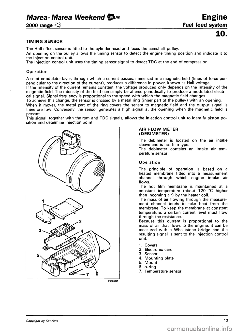 FIAT MAREA 2000 1.G User Guide Marea- Marea Weekend 9"° 
2000 range © 
Engine 
Fuel feed system 
10. 
TIMING SENSOR 
The Hall effect sensor is fitted to the cylinder head and faces the camshaft pulley. 
An opening on the pulley a