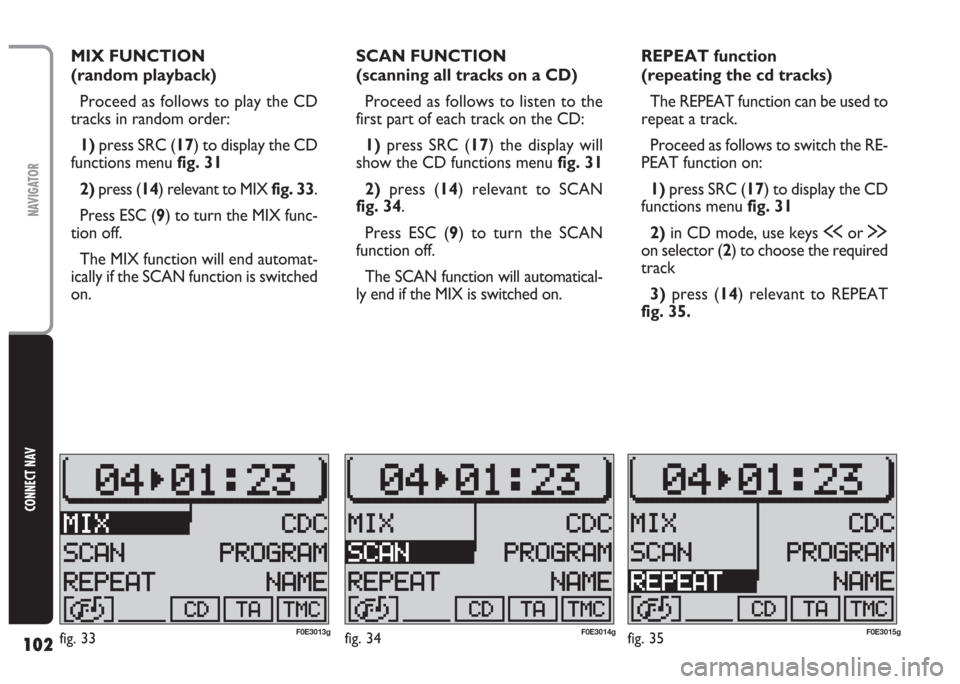 FIAT MULTIPLA 2004 1.G Connect NavPlus Manual 102
CONNECT NAV
NAVIGATOR
MIX FUNCTION
(random playback)
Proceed as follows to play the CD
tracks in random order:
1) press SRC (17) to display the CD
functions menu fig. 31
2) press (14) relevant to FIAT MULTIPLA 2004 1.G Connect NavPlus Manual 102
CONNECT NAV
NAVIGATOR
MIX FUNCTION
(random playback)
Proceed as follows to play the CD
tracks in random order:
1) press SRC (17) to display the CD
functions menu fig. 31
2) press (14) relevant to