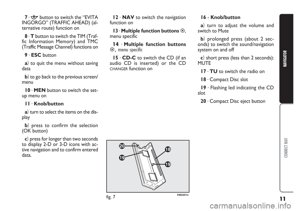 FIAT MULTIPLA 2004 1.G Connect NavPlus Manual 11
CONNECT NAV
NAVIGATOR
7-kbutton to switch the “EVITA
INGORGO” (TRAFFIC AHEAD) (al-
ternative route) function on
8 -Tbutton to switch the TIM (Traf-
fic Information Memory) and TMC
(Traffic Mess FIAT MULTIPLA 2004 1.G Connect NavPlus Manual 11
CONNECT NAV
NAVIGATOR
7-kbutton to switch the “EVITA
INGORGO” (TRAFFIC AHEAD) (al-
ternative route) function on
8 -Tbutton to switch the TIM (Traf-
fic Information Memory) and TMC
(Traffic Mess