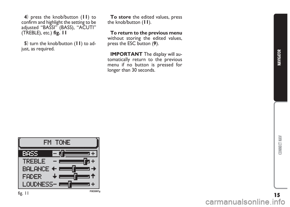 FIAT MULTIPLA 2004 1.G Connect NavPlus Manual 15
CONNECT NAV
NAVIGATOR
4)press the knob/button (11) to
confirm and highlight the setting to be
adjusted “BASSI” (BASS), “ACUTI”
(TREBLE), etc.) fig. 11
5)turn the knob/button (11) to ad-
jus FIAT MULTIPLA 2004 1.G Connect NavPlus Manual 15
CONNECT NAV
NAVIGATOR
4)press the knob/button (11) to
confirm and highlight the setting to be
adjusted “BASSI” (BASS), “ACUTI”
(TREBLE), etc.) fig. 11
5)turn the knob/button (11) to ad-
jus