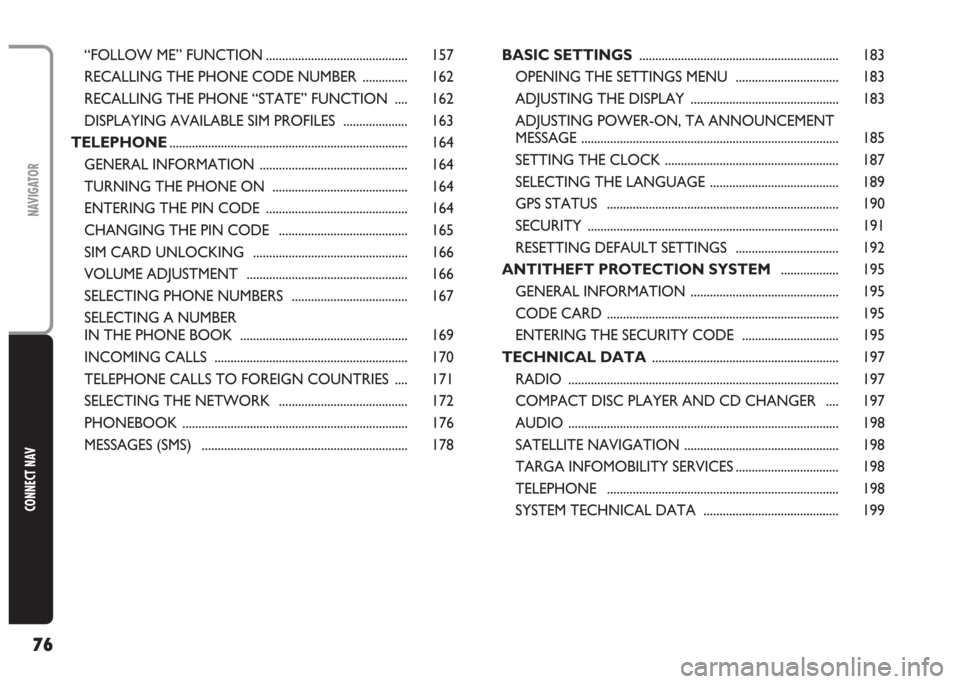 FIAT MULTIPLA 2004 1.G Connect NavPlus Manual 76
CONNECT NAV
NAVIGATOR
“FOLLOW ME” FUNCTION ............................................ 157
RECALLING THE PHONE CODE NUMBER  .............. 162
RECALLING THE PHONE “STATE” FUNCTION  .... 16
