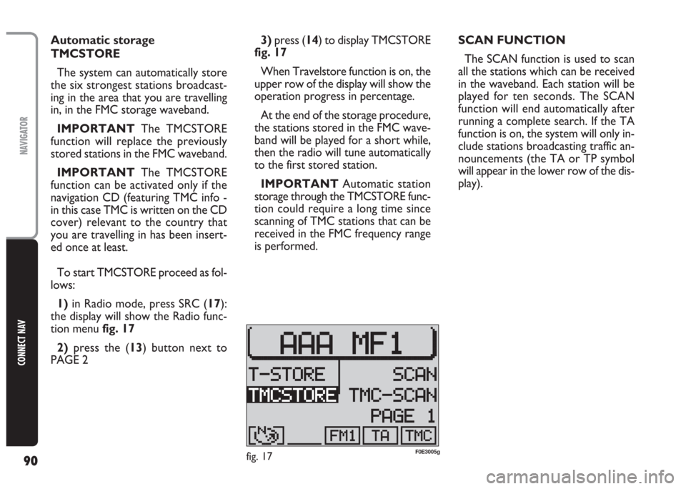 FIAT MULTIPLA 2004 1.G Connect NavPlus Manual 90
CONNECT NAV
NAVIGATOR
3)press (14) to display TMCSTORE
fig. 17
When Travelstore function is on, the
upper row of the display will show the
operation progress in percentage.
At the end of the storag